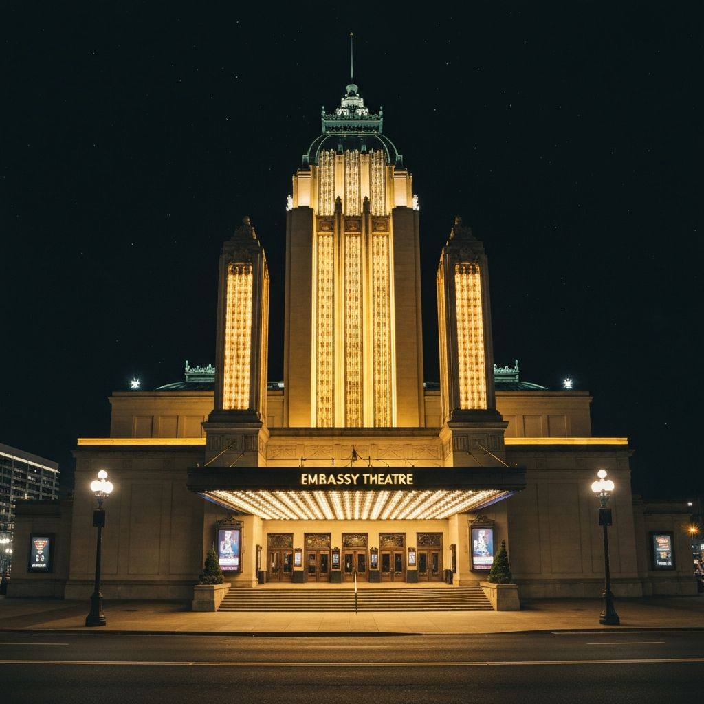 Embassy Theatre grand entrance illuminated at night with golden lighting