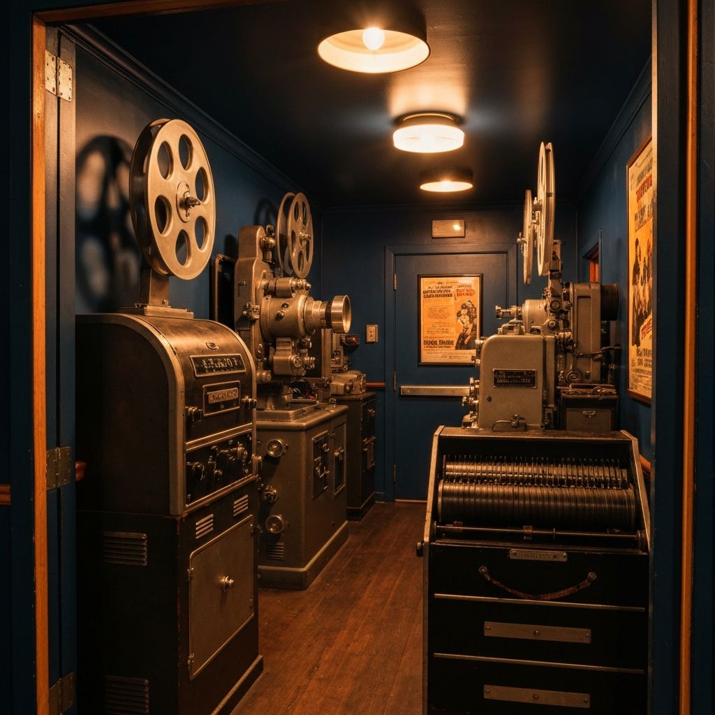 Historic projection booth with vintage 35mm equipment