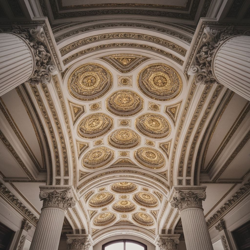 Intricate geometric ceiling patterns with gold leaf accents