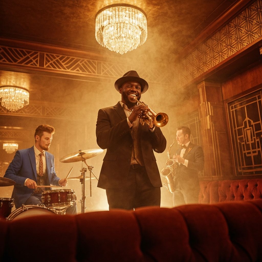 Jazz ensemble performing in art deco nightclub setting