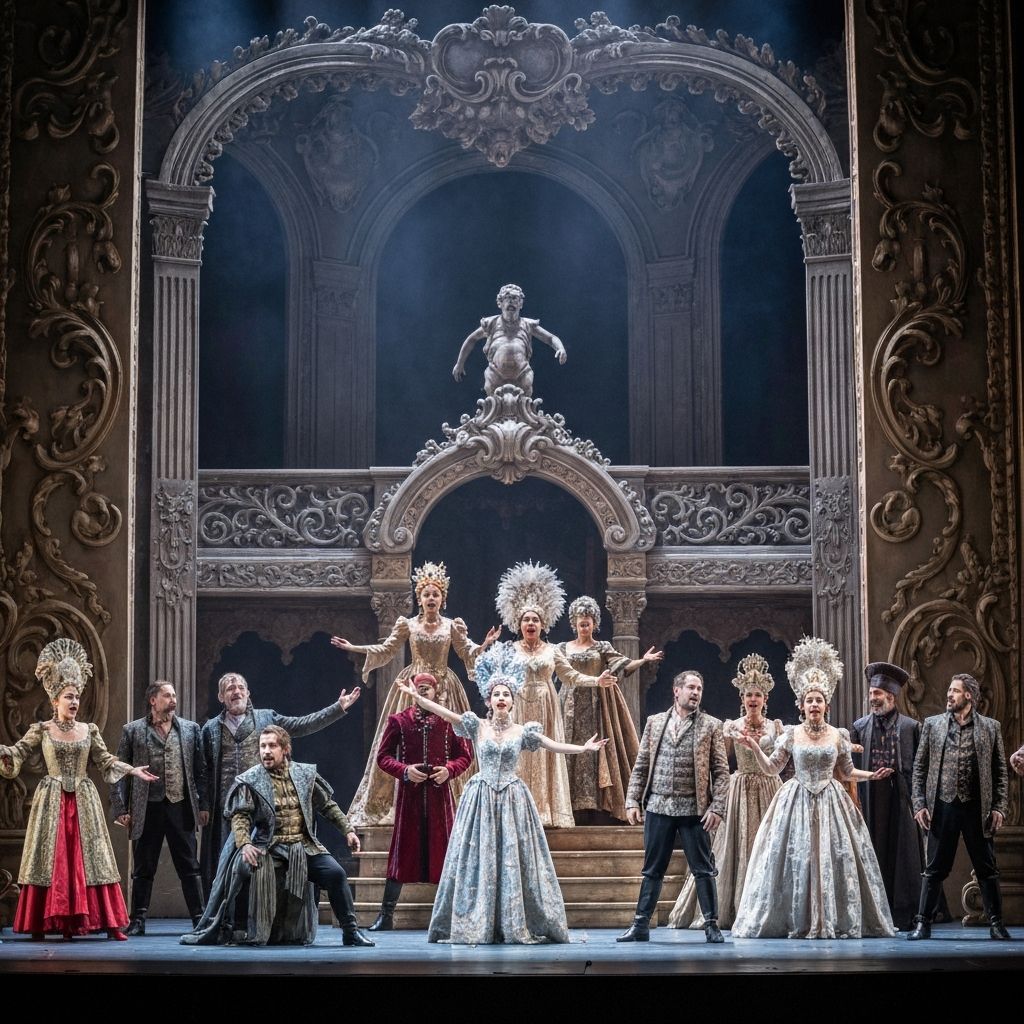 Opera performance with elaborate costumes on ornate stage
