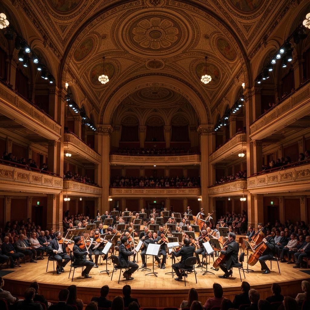 Symphony orchestra performing in a grand concert hall