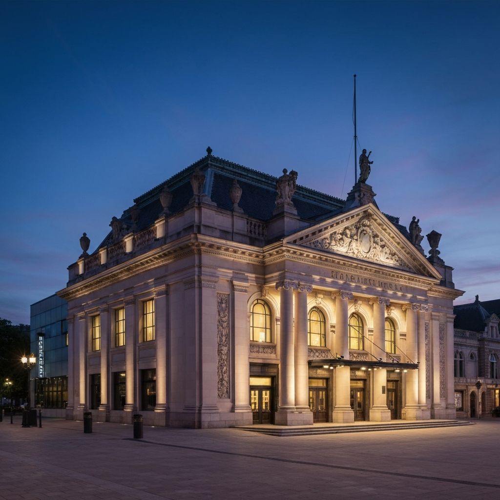 Exterior facade at twilight showcasing architectural lighting design